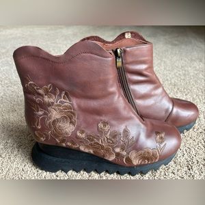 Handmade Women Retro Embroidery Brown Genuine Leather Wedge Boots Size 9